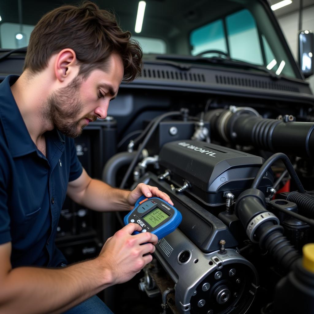 Mechanic inspecting a diesel engine