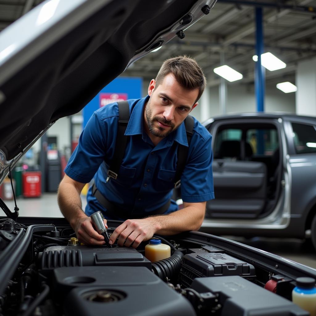 Mechanic Inspecting Car Engine during Service