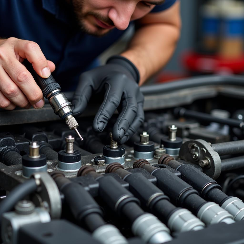 Mechanic Inspecting Fuel Injectors