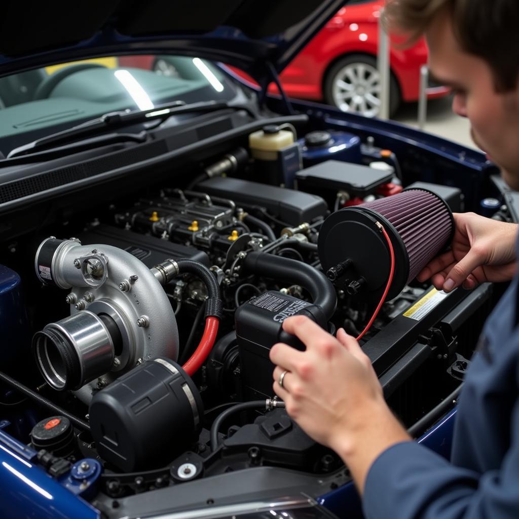 Mechanic inspecting a modified engine