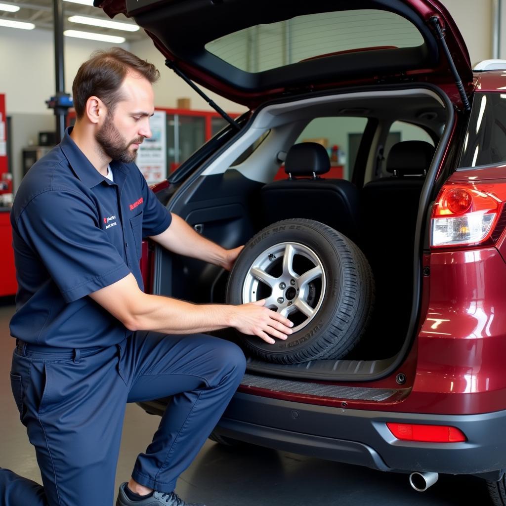 Mechanic Inspecting Spare Tire in Trunk