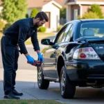 Mechanic performing at-home car service on a customer's vehicle in their driveway