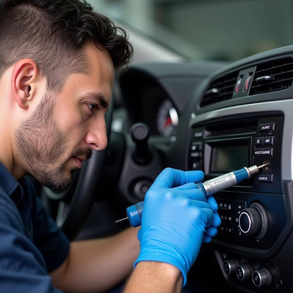 Mechanic Performing Car AC Service