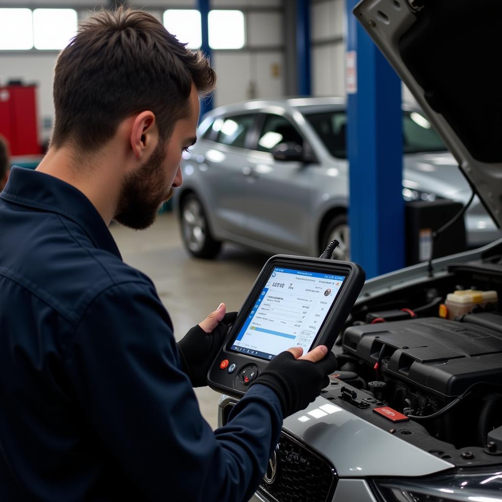 Mechanic Performing Car Diagnostics: A qualified mechanic uses advanced diagnostic equipment to troubleshoot a car in Coventry.