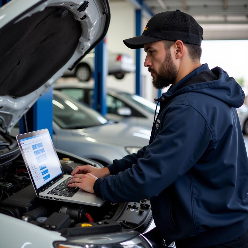 Mechanic Performing Car Diagnostics in Galveston