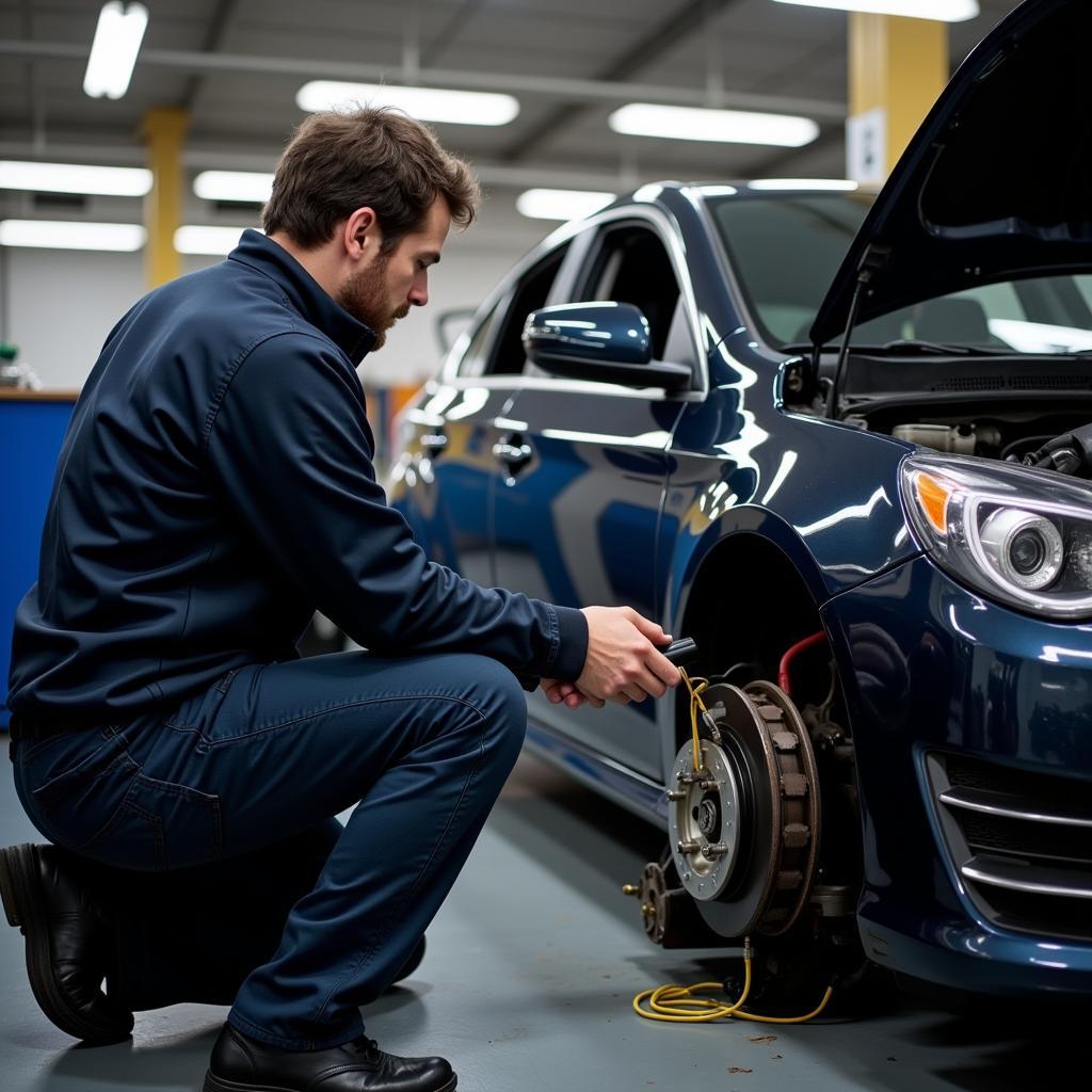 Mechanic inspecting a car during a service appointment