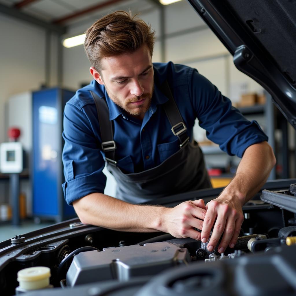 Qualified mechanic performing a car service