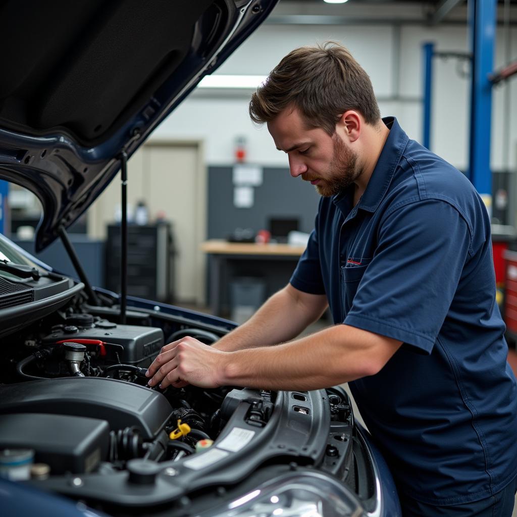 Mechanic performing a routine car service in a garage