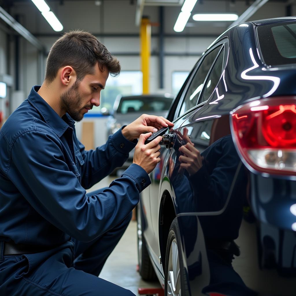 A skilled mechanic meticulously performing a car service, highlighting the expertise and quality of the service center.