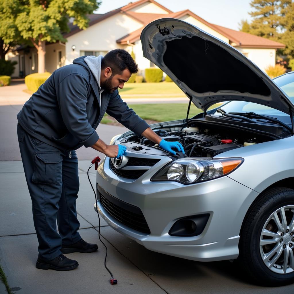 Mechanic performing a car service at the customer's home