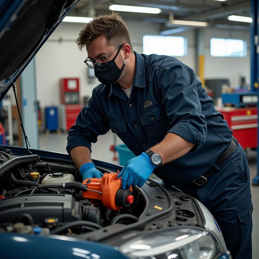 Mechanic performing a car service during the pandemic