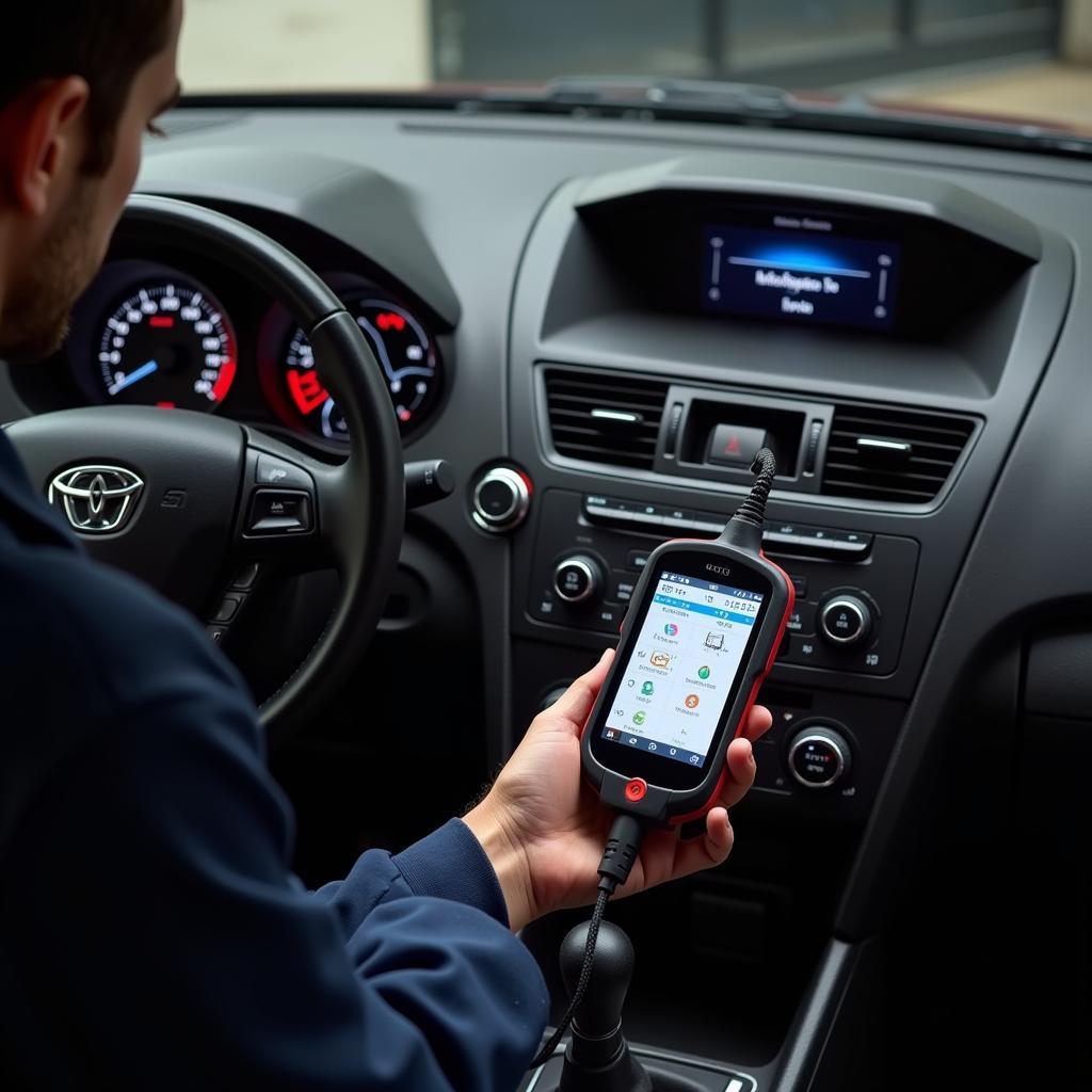 Mechanic Performing a Diagnostic Scan on a Car