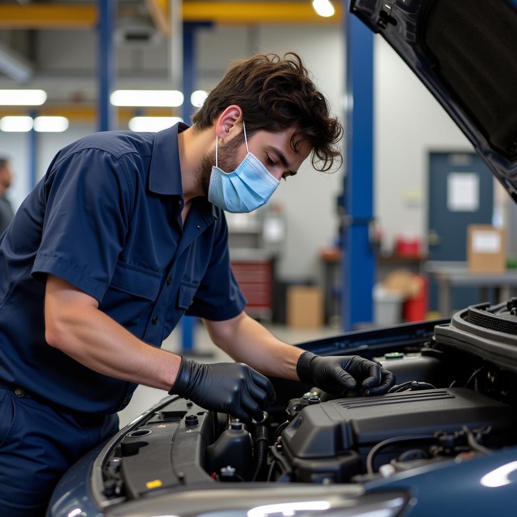 Mechanic Performing Essential Car Repair During Emergency