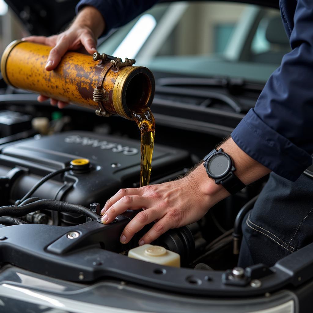 A mechanic performing an oil change during a car service.