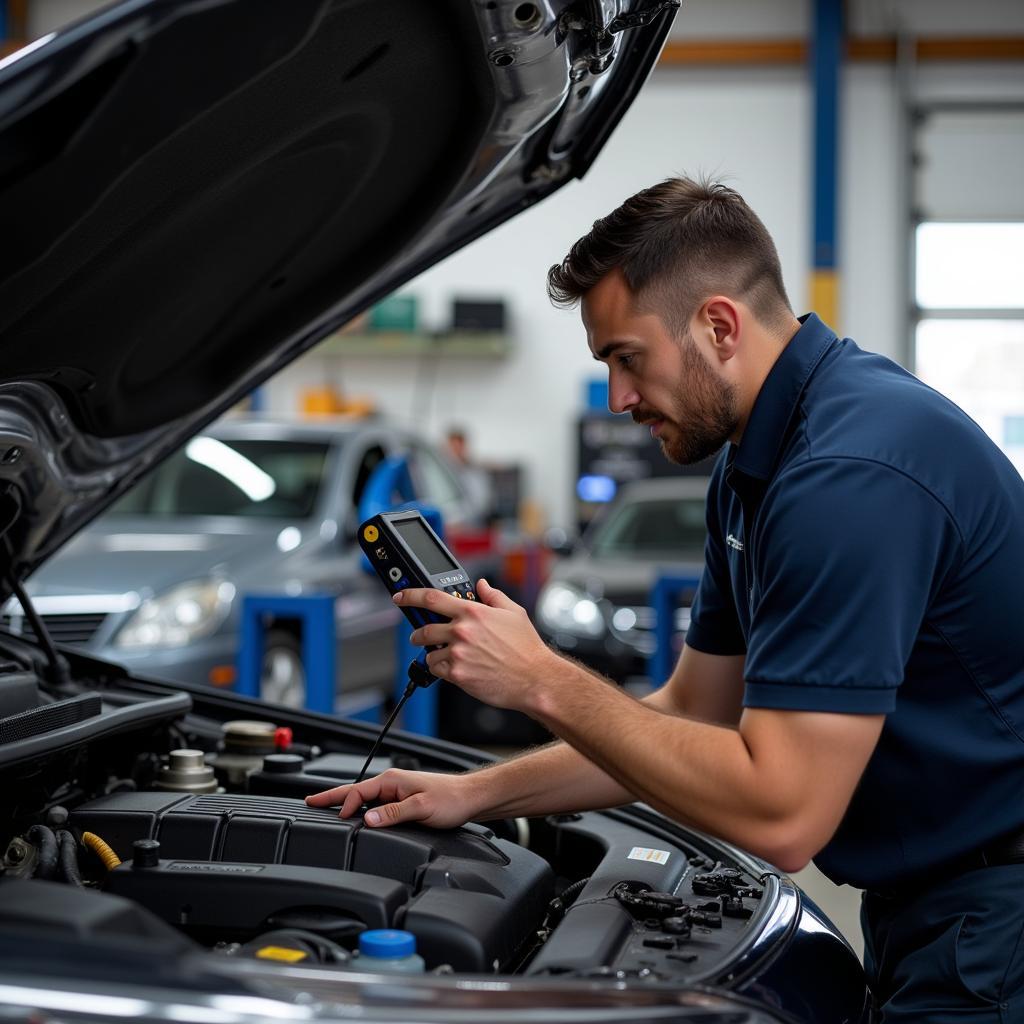 Mechanic performing a pre-purchase car inspection