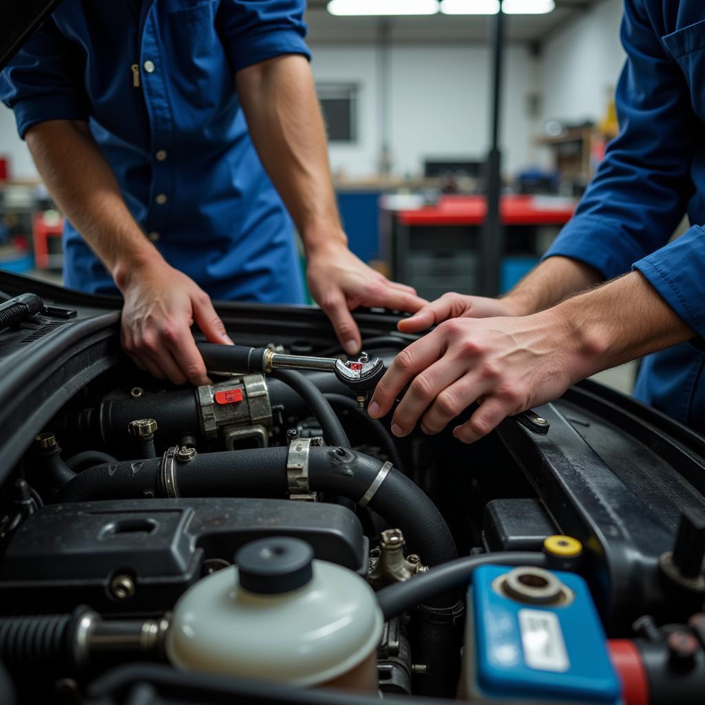 Mechanic repairing a car engine in a Letchworth garage