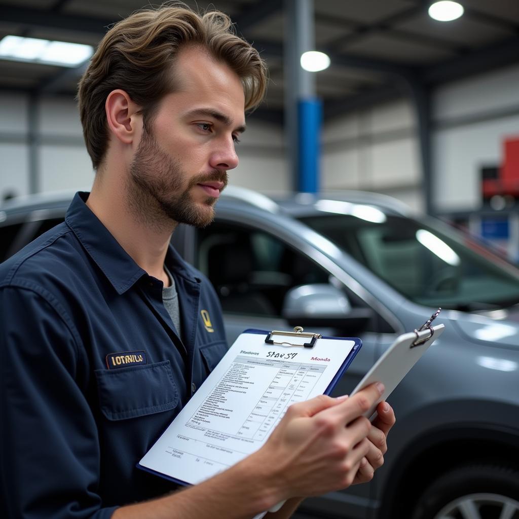 Mechanic Reviewing Honda Service Report