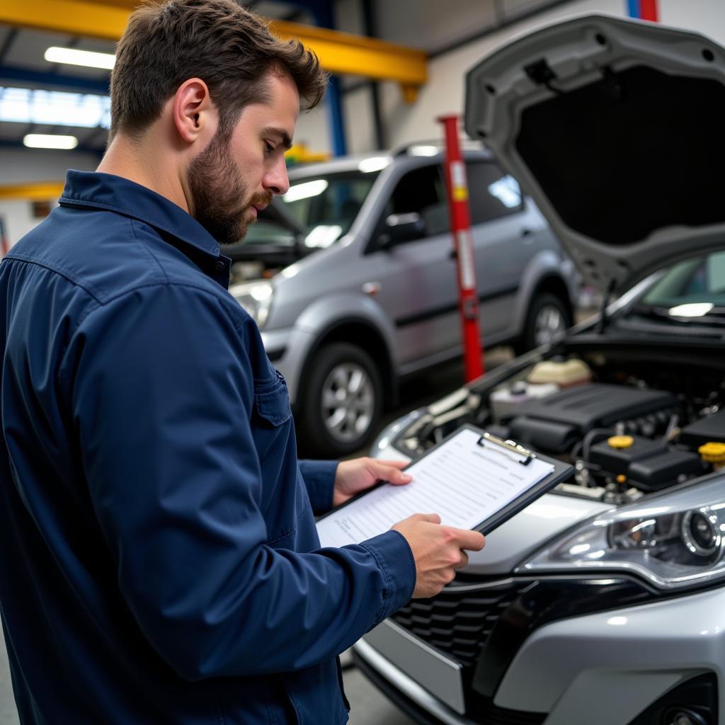 A mechanic reviewing service records in a garage