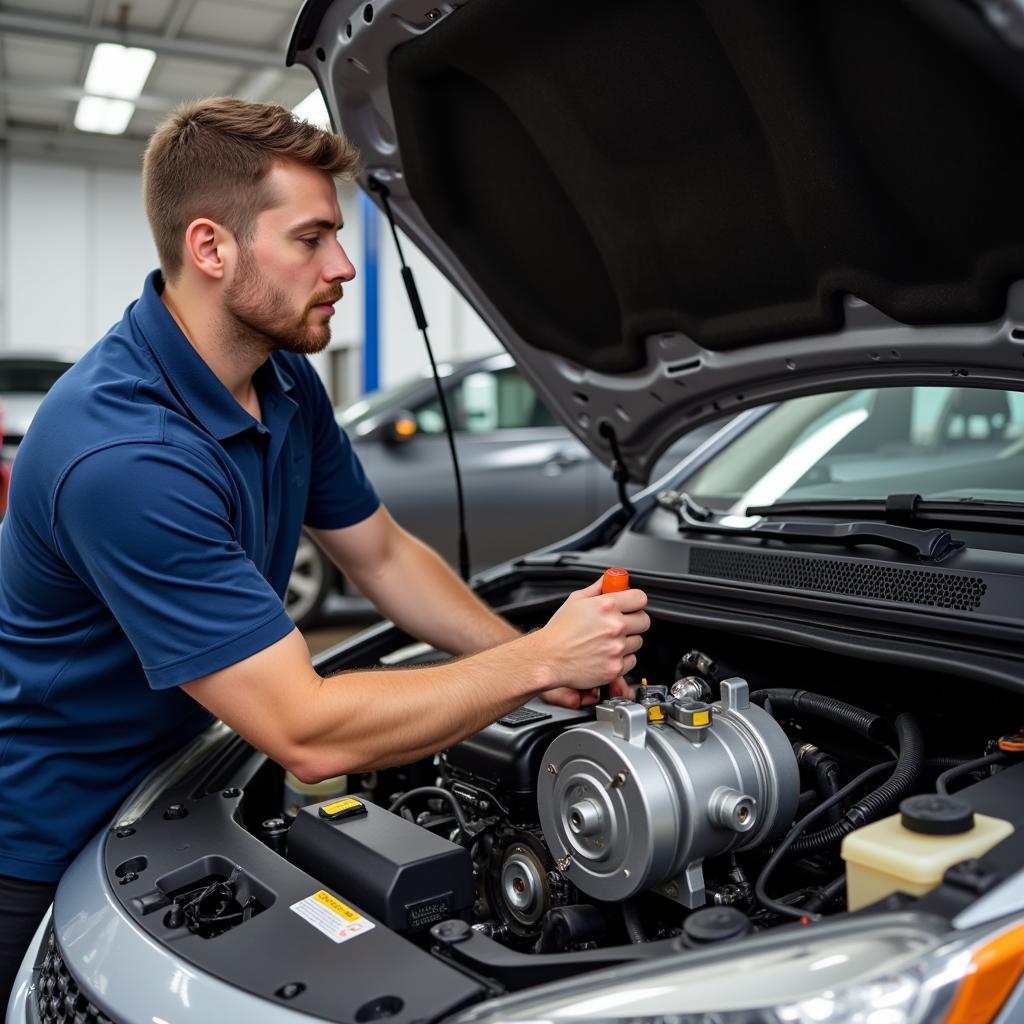 Mechanic Servicing Car AC Compressor