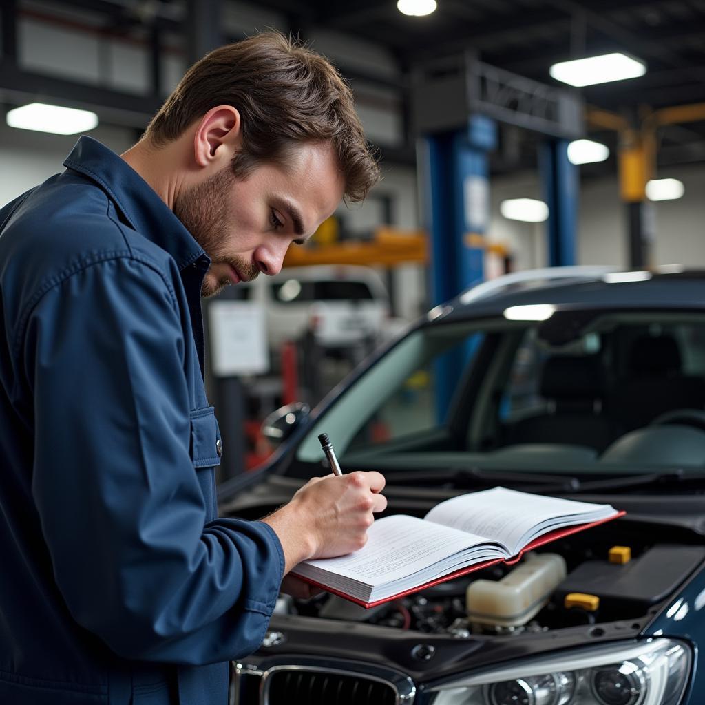 Mechanic Stamping a Car Service Book in a Garage