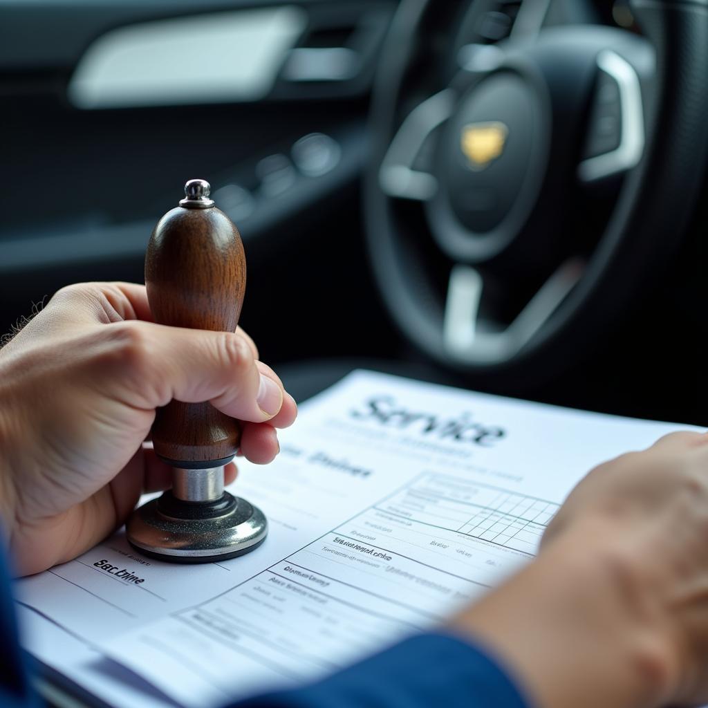 Mechanic stamping a car service record book after completing a vehicle inspection.