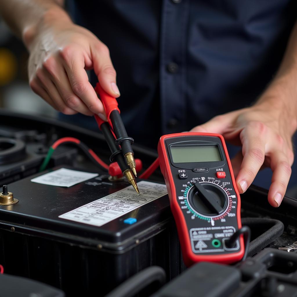 Mechanic Testing a Car Battery with a Multimeter