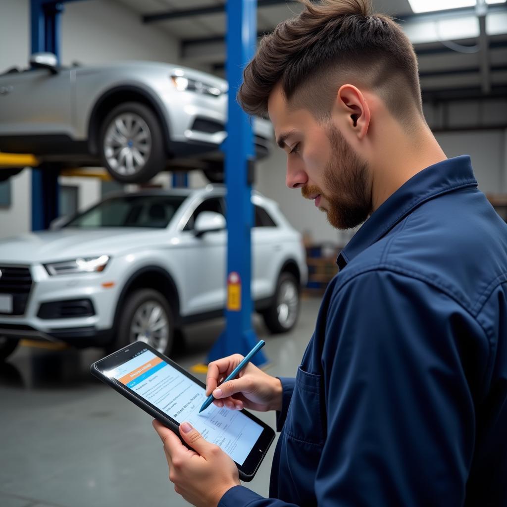 Mechanic Updating Digital Service Record on Tablet