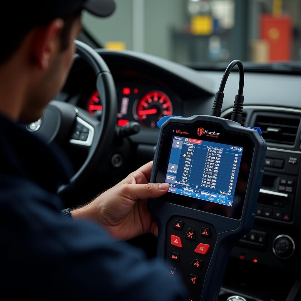 Mechanic Using Diagnostic Tool on Car