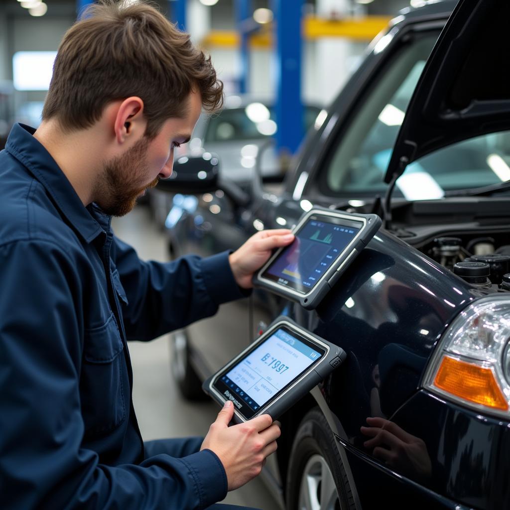 Mechanic Utilizing Diagnostic Tool for Essential Car Service