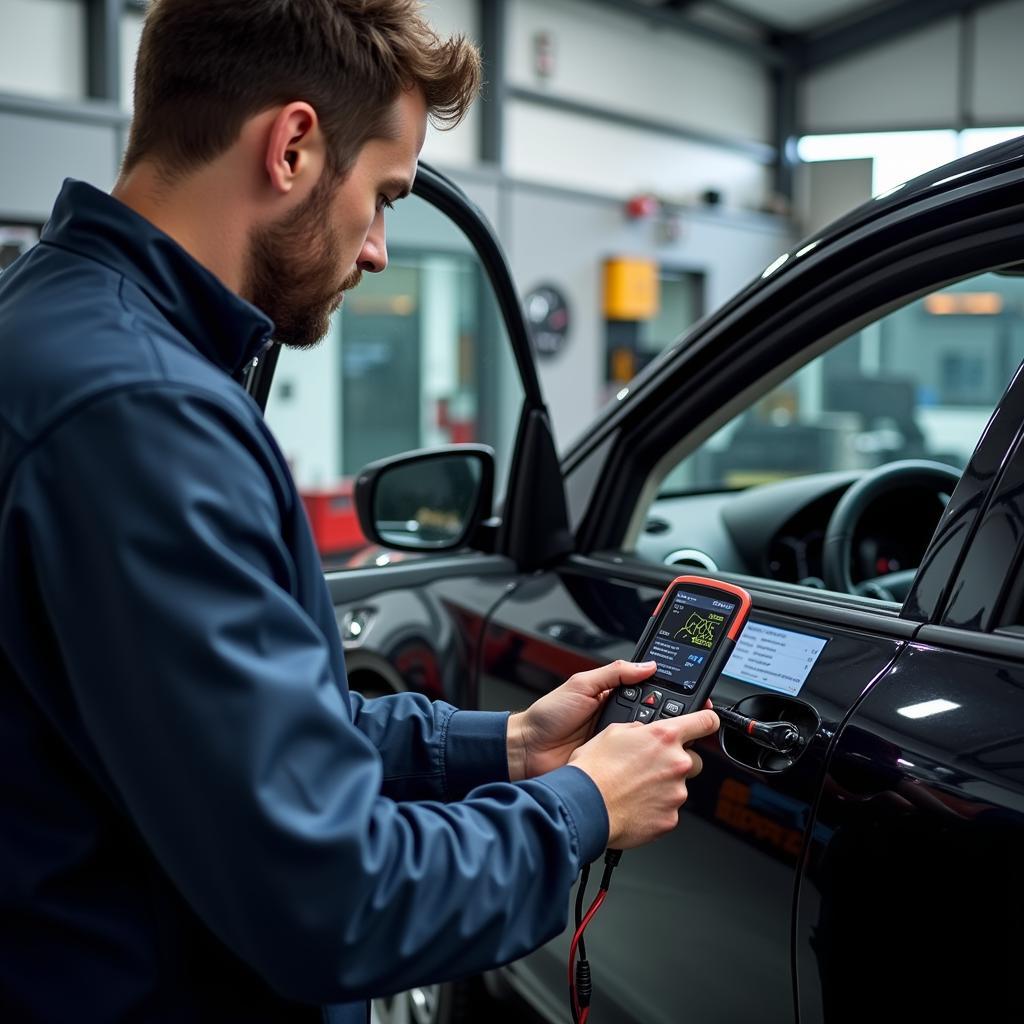 A mechanic in a Boldmere garage using a diagnostic tool on a modern car.