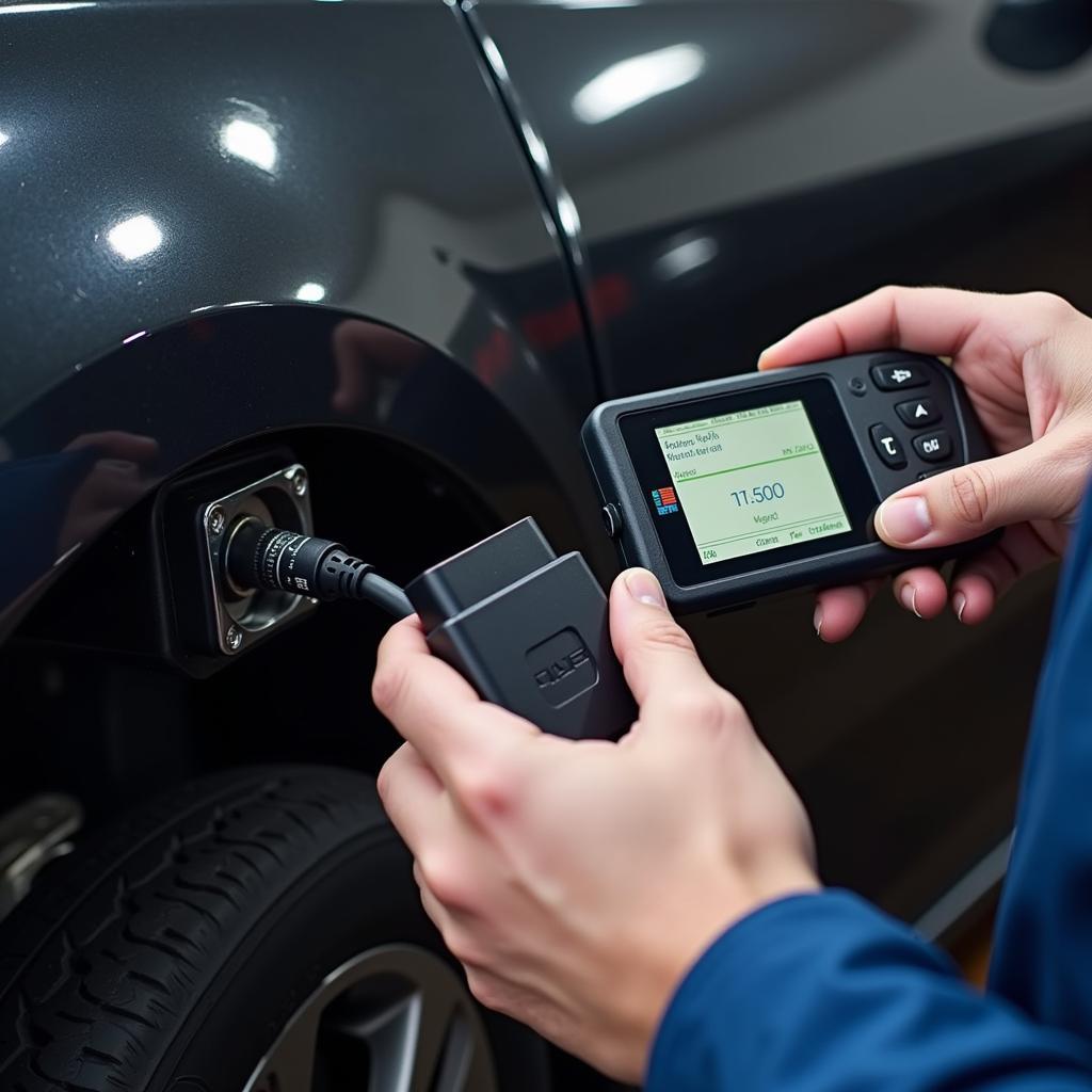 Mechanic using a diagnostic tool connected to a car's computer system