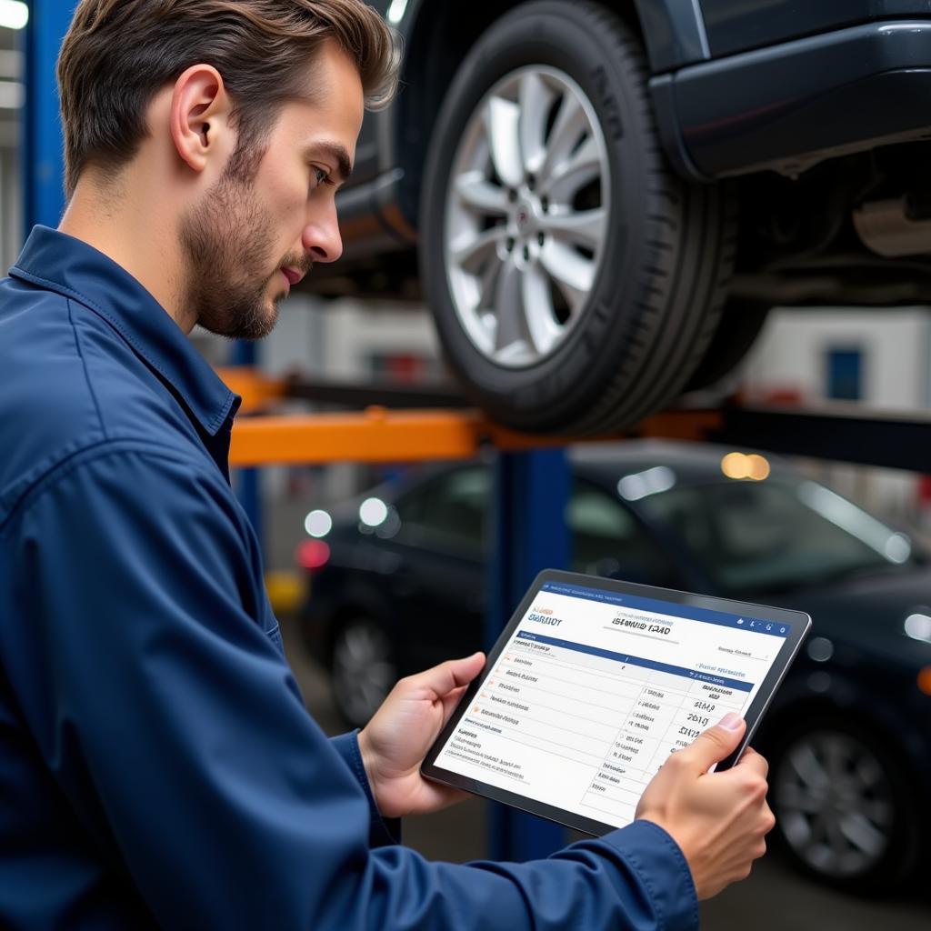 Mechanic Using Digital Job Card on Tablet