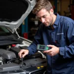 Mechanic Using OBD Scanner on Car