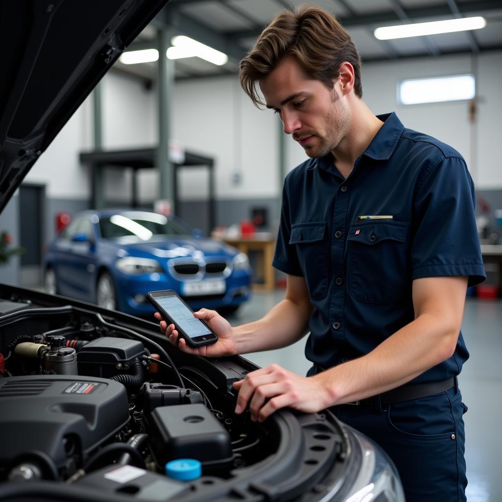 Mechanic performing diagnostics on a car engine in a Bondi Junction car service centre