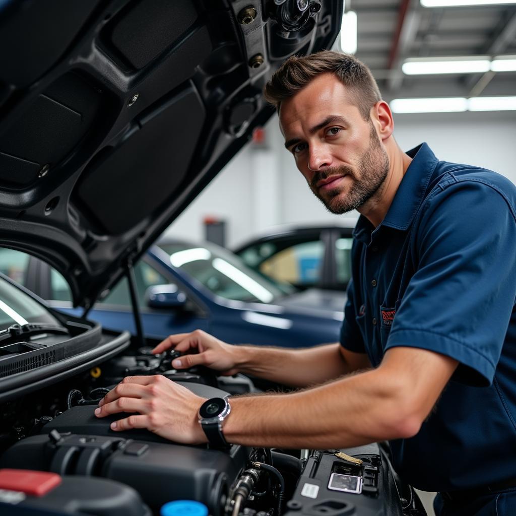 Experienced Mechanic Working on Car Engine