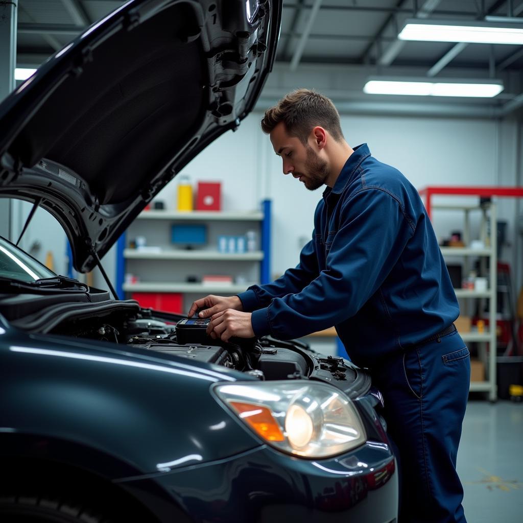 Mechanic inspecting a car engine in a professional service center.