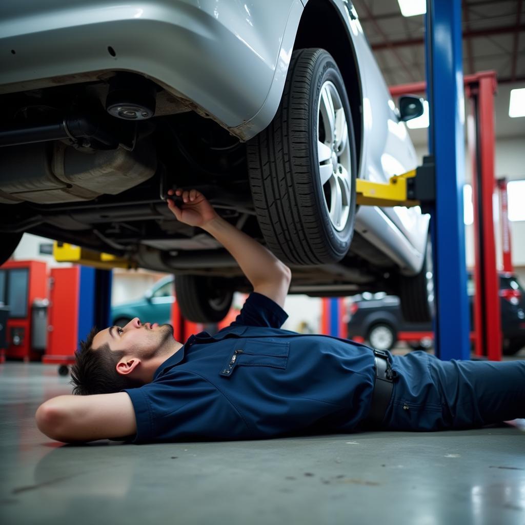 Mechanic Inspecting Car Undercarriage in a Repair Shop