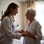 Medicare Personal Care Services: An elderly woman receiving help with dressing from a caregiver.