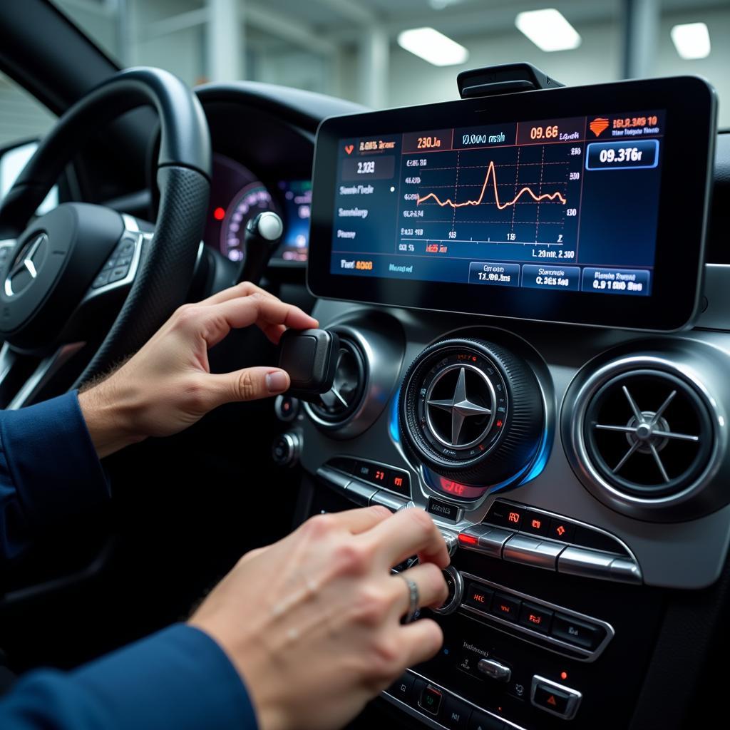 Mercedes-Benz Diagnostic Tools - A technician uses a diagnostic computer to analyze car performance.