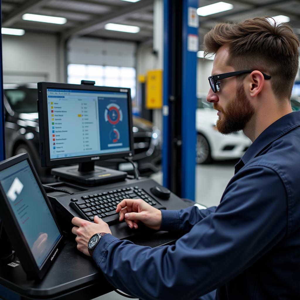 Mercedes Technician Performing Diagnostics on a Vehicle