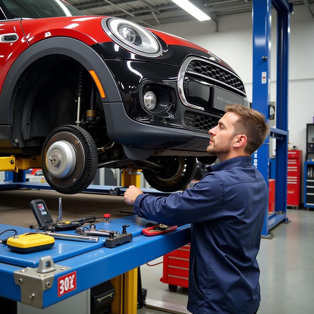 Mini Cooper undergoing routine maintenance check