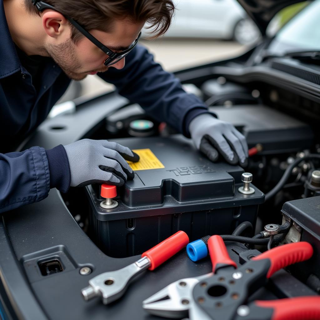 Mobile battery service technician replacing a car battery