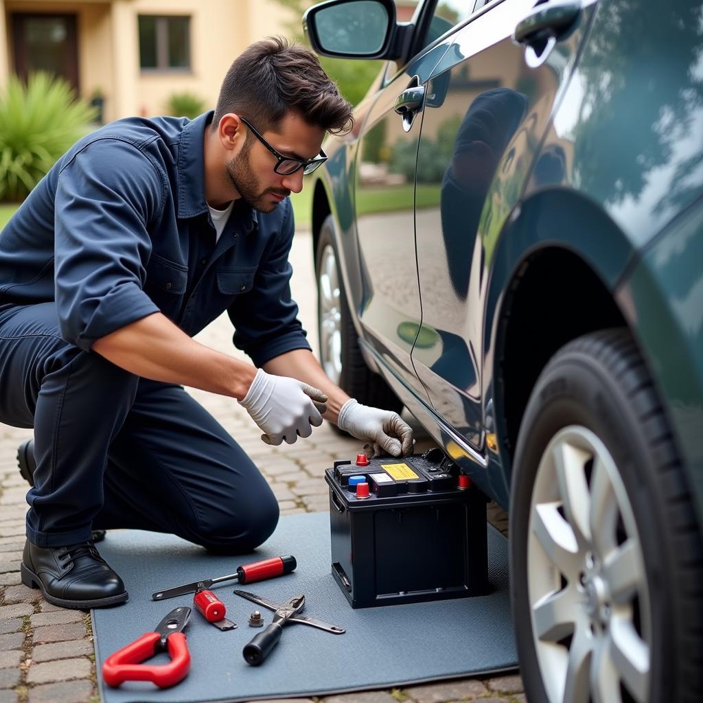 Mobile car battery replacement service in action.