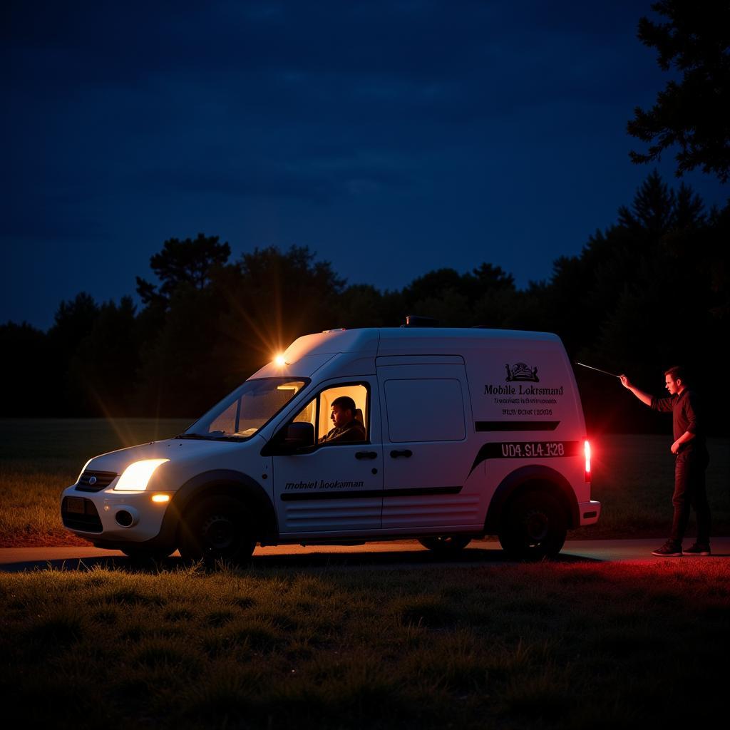 Mobile Locksmith Van Arriving at Night to Assist Locked Out Driver