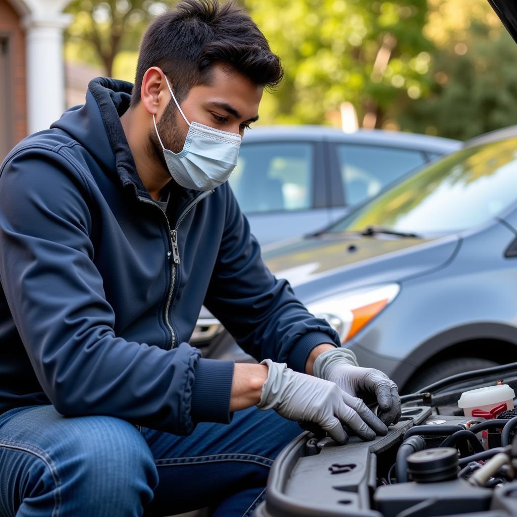 Mobile mechanic servicing car at home during lockdown