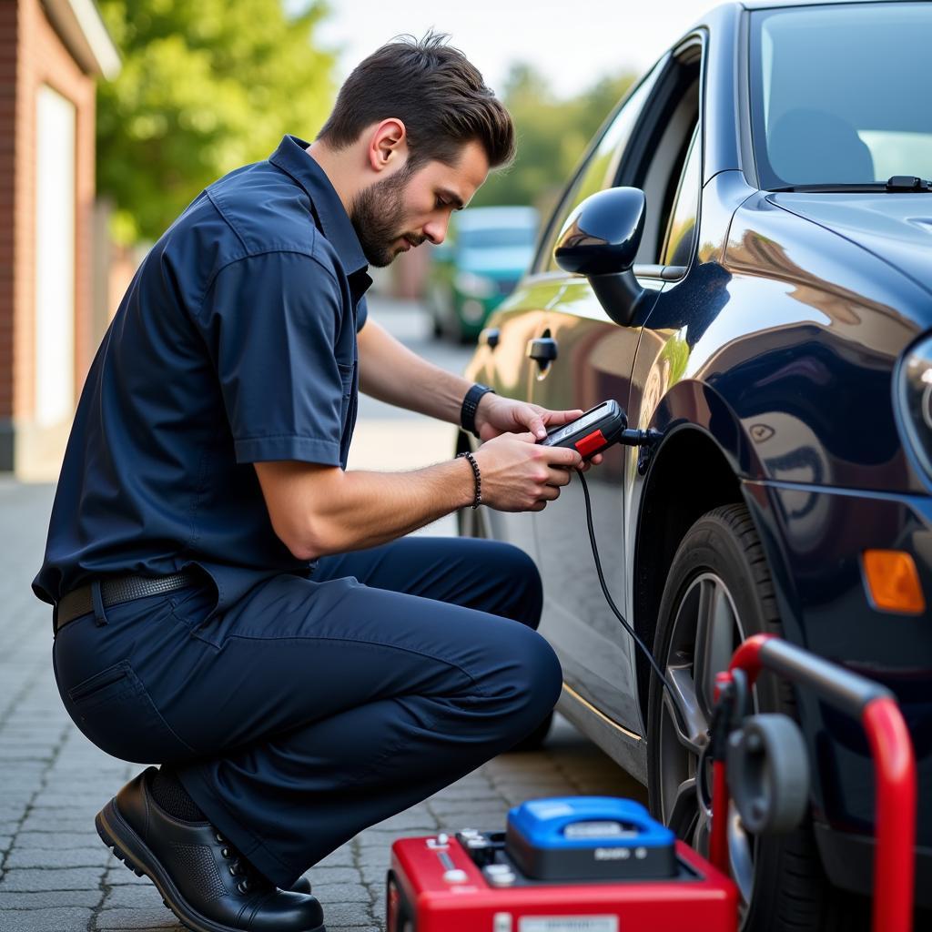 Mobile Mechanic Servicing Car in Driveway