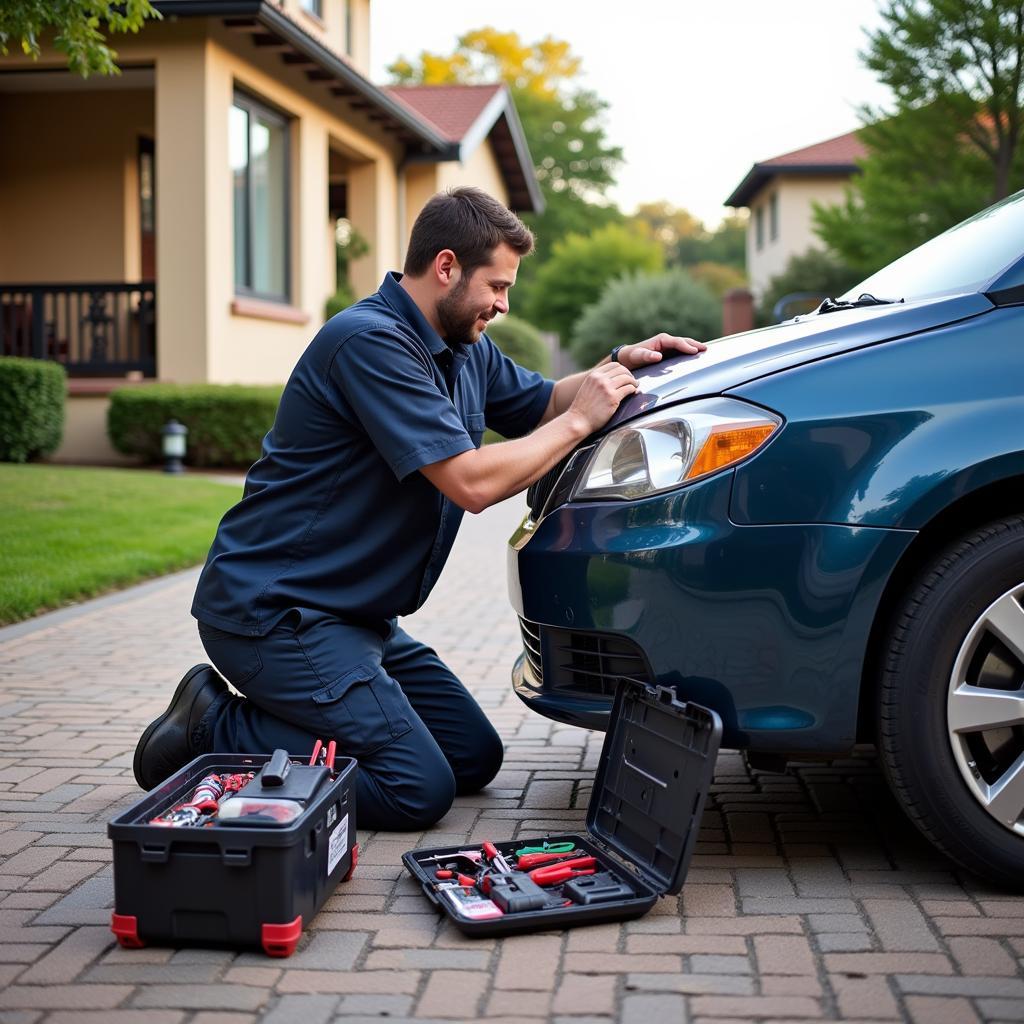 Mobile mechanic servicing a vehicle