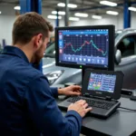 A mechanic using a diagnostic computer to analyze a car's systems in a well-lit auto repair shop.