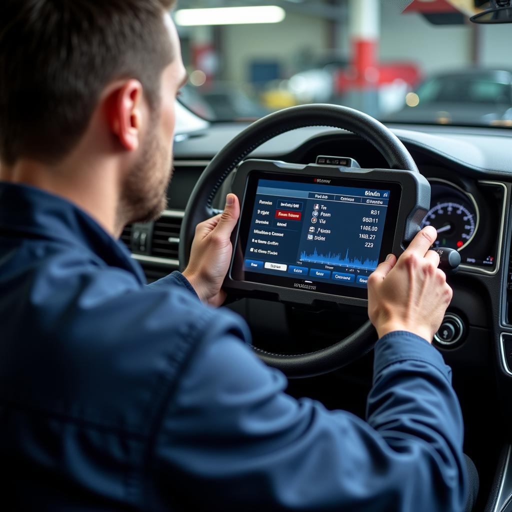 Mechanic Using Advanced Diagnostic Tools on a Foreign Vehicle