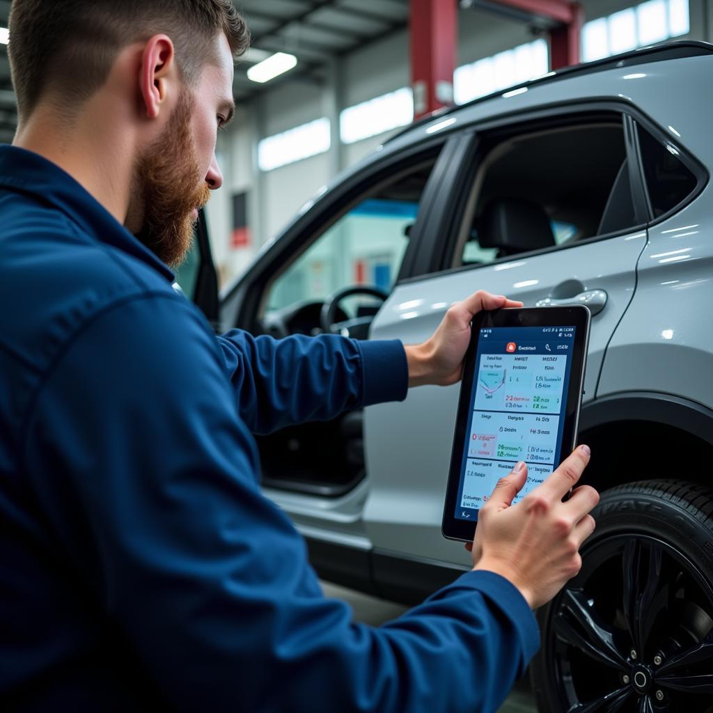 Mechanic using diagnostic tools on a modern car